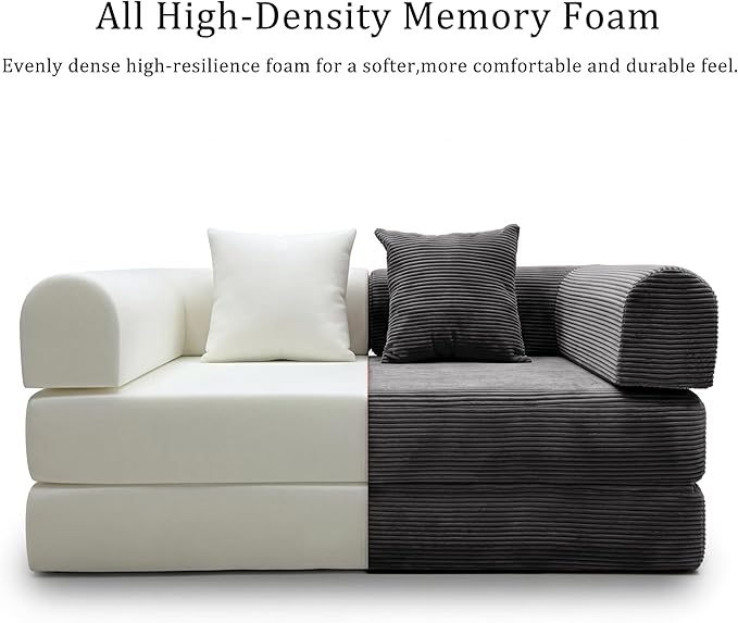 HouseMila 53.15" Boneless Couch,4-in-1 Futon Sofa Bed Modular Loveseat Sleeper Folding Compressed Couch with Pillows,No Assembly Required Convertible Sofa Bed for Living Room Bedroom Guest Room,Grey