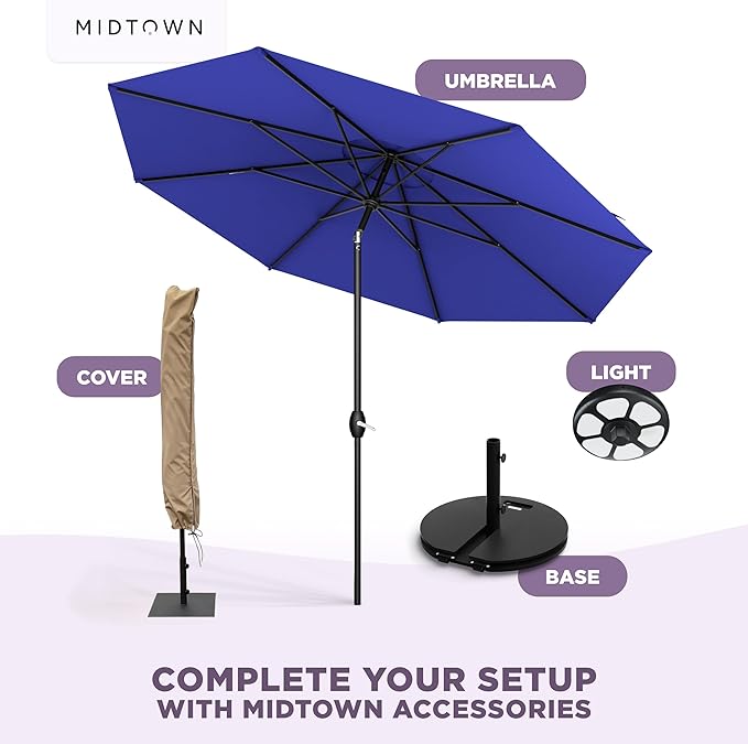 Midtown Umbrellas - 10-Year-No-Fade 6 Ft Patio Umbrella with Terylast Fabric, Auto-Tilt Aluminum Frame and 8 Reinforced Ribs for Deck, Pool, Garden & Beach - Royal Blue Canopy, Black Pole