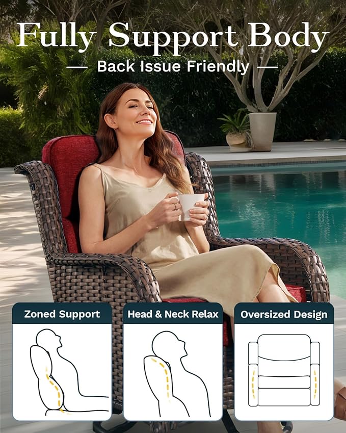 High Back Outdoor Furniture with Extra Thick Cushion Patio Swivel Rocking Chairs, 5PCS Oversized Comfort Wicker Conversation Set for Porch, Deck, Yard in Burgundy