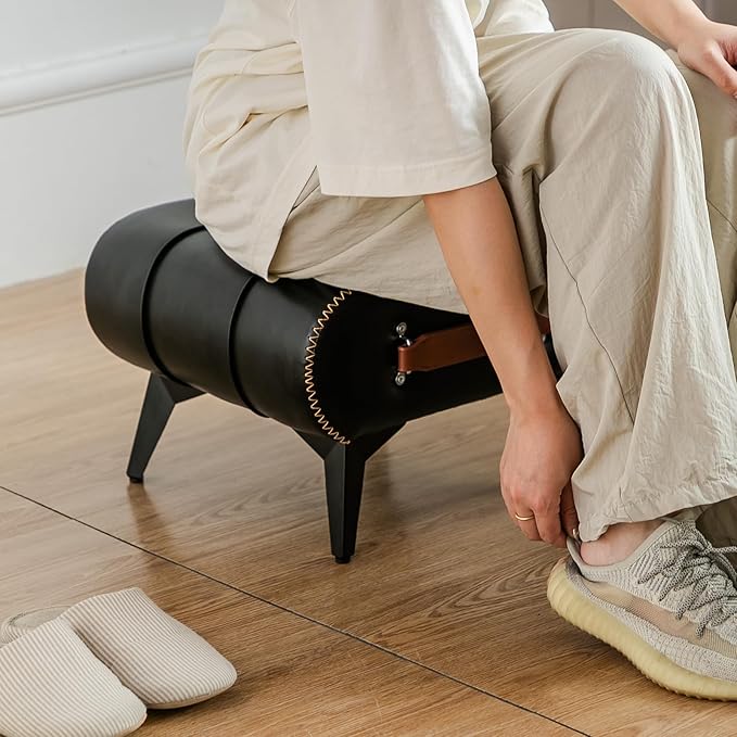 Small Footstool Ottoman - Stylish and Functional Faux Leather Footrest for Extra Seating in Living Room, Entryway, or Office