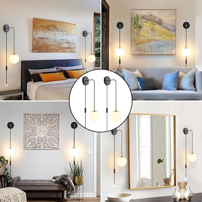 Plug in Wall Sconces Set of 2 Black and Brass Gold Wall Sconces Set of Two Plug in Hanging Wall Lamp with Plug in Cord with Globe White Glass Shade Vintage Wall Lights with Switch for Bedside