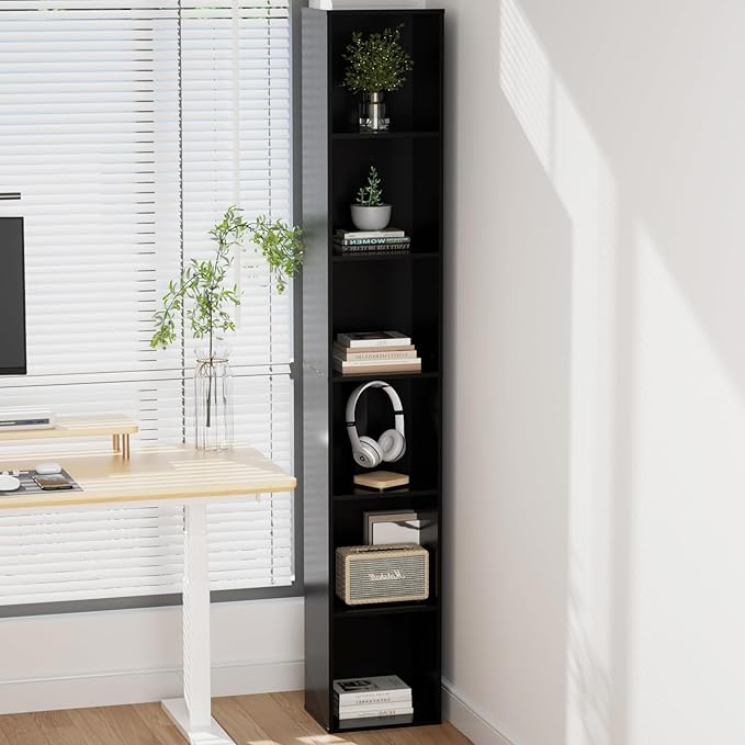 Tall Narrow Bookshelf 6-Tier Bookcase,70.5" Skinny Thin Corner Shelf Slim Storage Cabinet,Wood DVD CD Media Cube Organizer Tower Rack for Small Spaces, Bedroom, Living Room, Office,Black
