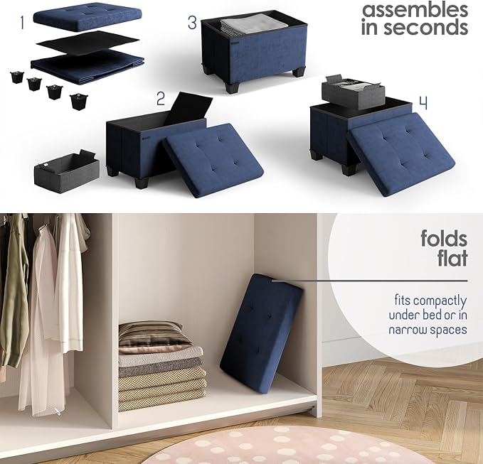 Storage Ottoman Cube with Small Bin, 16-in Square Ottoman with Storage for Living Room and Bedroom, Small Ottomans Foot Rest, Velvet Foot Stools Ottomans Max 330lbs, Blue