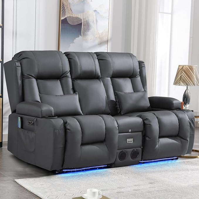 IPKIG Power Recliner Sofa with Flip-Up Backrest Console, USB & USB-C Ports, AC Outlet, LED Lights, Wall Hugger Recliners for Living Room, RV (PU Grey, 67" - 3 Seat) | Faux Leather, Zero Gravity, Dual Reclining, 2 Lumabr Pillow, Bluetooth Speakers