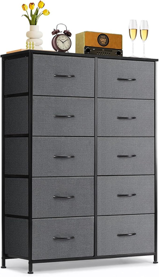 10-Drawer Dresser for Bedroom, Anti-Tip Tall Storage Organizer Chest of Drawers with Wooden Top and Metal Frame Fabric Bins for Closet, Living Room, Hallway, Entryway, Gray