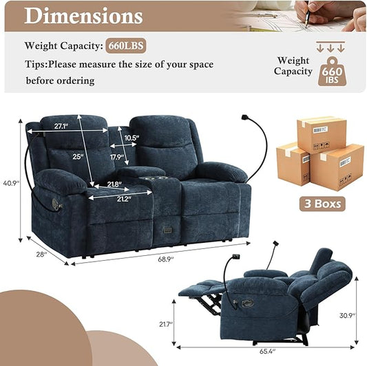 Loveseat Recliner Sofa, Manual Recliner Loveseat with Console, Modern Chenille Sofa Sleeper Deep Couches with Cell Phone Holder and Hidden Socket for Living Room/Office/Apartment (Blue) | Cup Holder, Side pocket