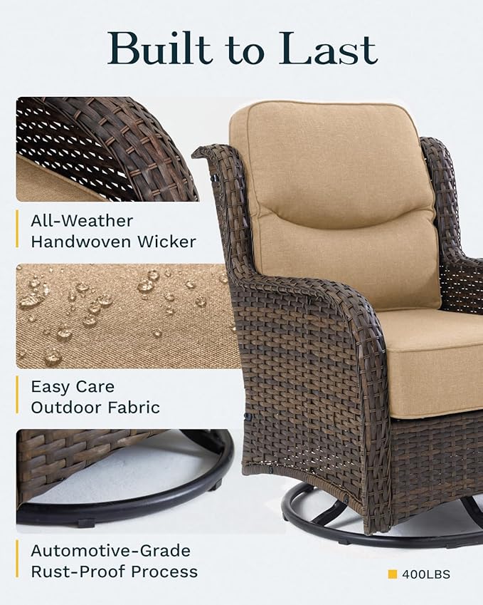 High Back Outdoor Furniture with Extra Thick Cushion Patio Swivel Rocking Chairs, 2PCS Oversized Comfort Wicker Conversation Set for Porch, Deck, Yard in Beige