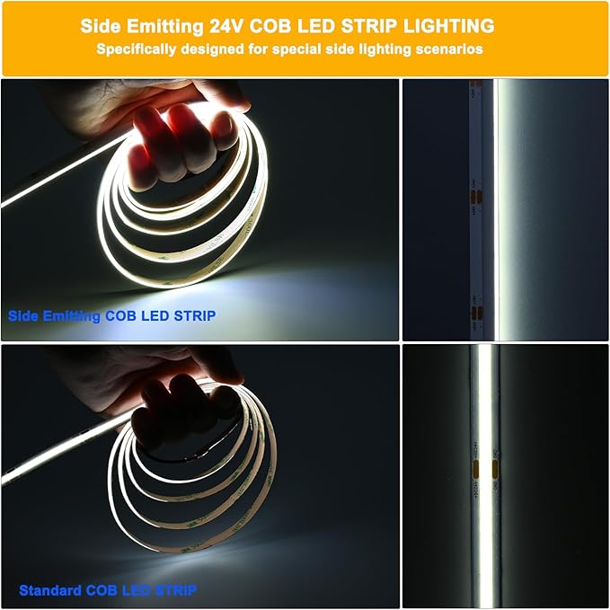 TOPAI Side Emitting 24V COB LED Strip Cool White 6000K 16.4ft Dotless 480LED/M High Density CRI>90 Self Adhesive Cuttable Flexible 8mm Width LED Tape for Home, Office DIY Lighting