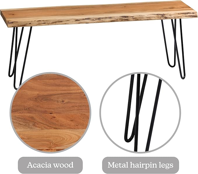 Alaterre Furniture Live Edge Wood Bench with Hairpin Metal Legs - Industrial Modern Entryway Bench with Minimalist Design - Furniture for Entryway, Dining Room, Kitchen, or Bedroom (48 Inch)