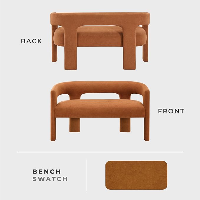 Lexicon 54.5 Inch Modern Curved Boucle Upholstered Dining Bench, Open Back Design, Soft Contemporary Accent Bench for Dining Room/Entryway, No Assembly Required, Orange