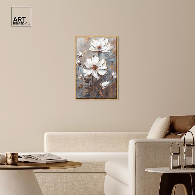 Art Remedy White Textured Flowers Canvas Elegant Floral Wall Art, Gold Frame, 24" x 36"