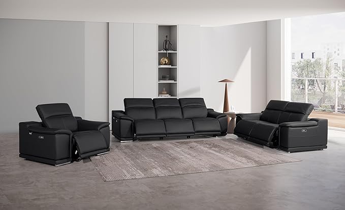 Blackjack Furniture Venice Top Grain Italian Leather 6 Power Recliner Seaters 3 Piece Sofa Set with Adjustable Headrests Modern Luxury Seating Sofa, Loveseat and Chair for Living Room Lounge, Black