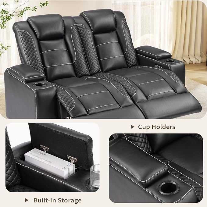 ANJ Reclining Loveseat and Power Recliner Chair with LED Lights USB Cup Holders, Faux Leather Living Room Furniture for Home Theater, Small Spaces & RV (Black)