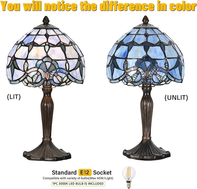 TL0006 Small Tiffany Lamp Baroque Design Handcrafted Stained Glass Table Lamp for Small Space Bedroom Bedside Nightstand Home Office, 8" W x 14.25" H, LED Bulb Included (Blue Baroque)