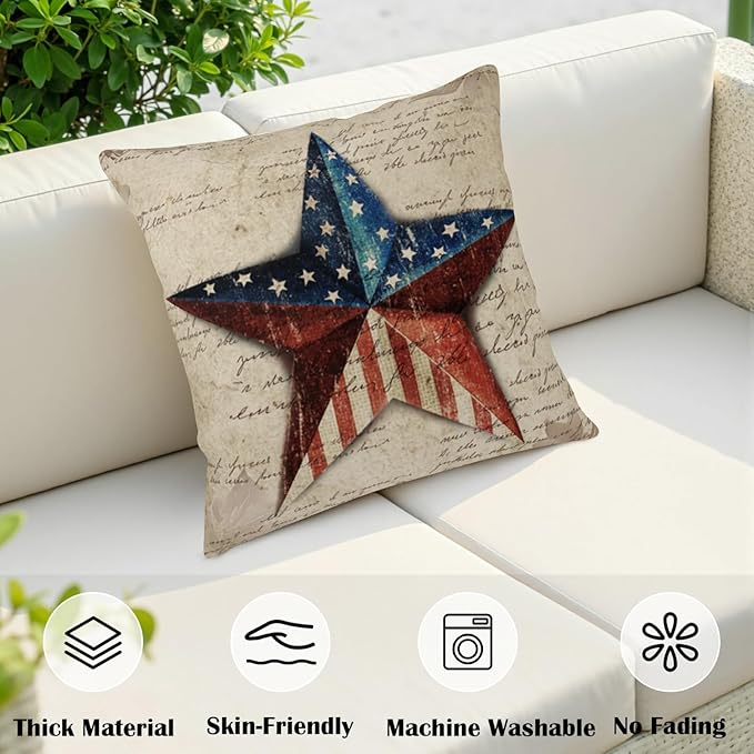 Patriotic Star Outdoor Pillow Covers 22x22 Set of 2 4th of July Vintage American USA Flag Throw Pillows Independence Memorial Day Throw Pillow Cases for Couch Sofa Bedroom Living Room Decor