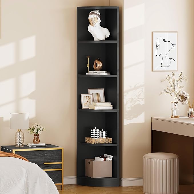 YITAHOME 5-Tier Corner Shelf, 70.8" Tall Modern Free Standing Corner Bookshelf, 5 Shelf Display Corner Bookcase and Bookshelves,Wooden Open Storage Book Shelves for Living Room, Home Office, Black