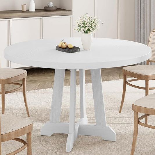 GarveeHome Round Dining Table for 4, 47 Inches Dining Room Table with Wooden Base, Kitchen Table with Circle Tabletop, Dinner Table for Dining Room, Kitchen, Living Room, White