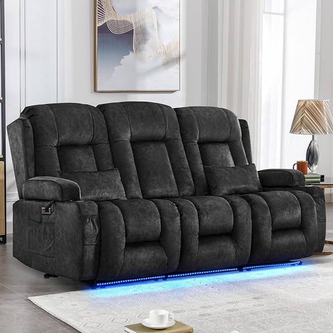 IPKIG Power Recliner Sofa with Flip-Up Backrest Console, USB & USB-C Ports, AC Outlet, LED Lights, Wall Hugger Recliners for Living Room, RV (Drak Grey, 76.8" - 3 Seat) | Velvet Fabirc, Zero Gravity, Dual Reclining, 2 Lumabr Pillow