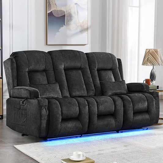 IPKIG Power Recliner Sofa with Flip-Up Backrest Console, USB & USB-C Ports, AC Outlet, LED Lights, Wall Hugger Recliners for Living Room, RV (Drak Grey, 76.8" - 3 Seat) | Velvet Fabirc, Zero Gravity, Dual Reclining, 2 Lumabr Pillow