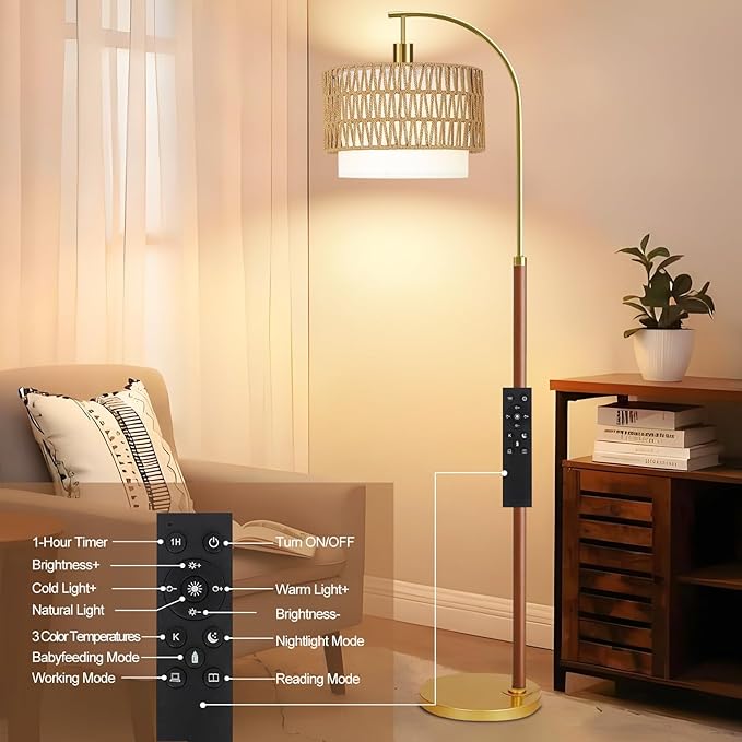 Boho Floor Lamps for Living Room Wood Floor Lamp with Remote Control,Dimmable Rattan Floor Lamps Wicker Lamp Shades Black Standing Lamp with 3 Color Temperature Tall Floor Lamp For Bedroom Corner