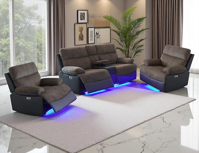Power Reclining Sofa Set, Living Room Furniture Sets, Premium Fabric Recliner Loveseat & 2 Chairs with Storage/Charging, Corduroy & Breathing Leather Reclining Couch for Home/Office, Brown