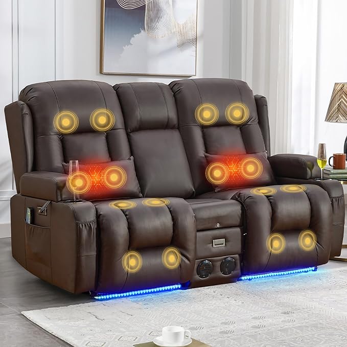 IPKIG Power Recliner Sofa with Flip-Up Backrest Console, USB & USB-C Ports, AC Outlet, LED Lights, Wall Hugger Recliners for Living Room, RV (Brown, 67" - 3 Seat) | Faux Leather, Zero Gravity, Dual Reclining, 2 Lumabr Pillow, Bluetooth Speakers