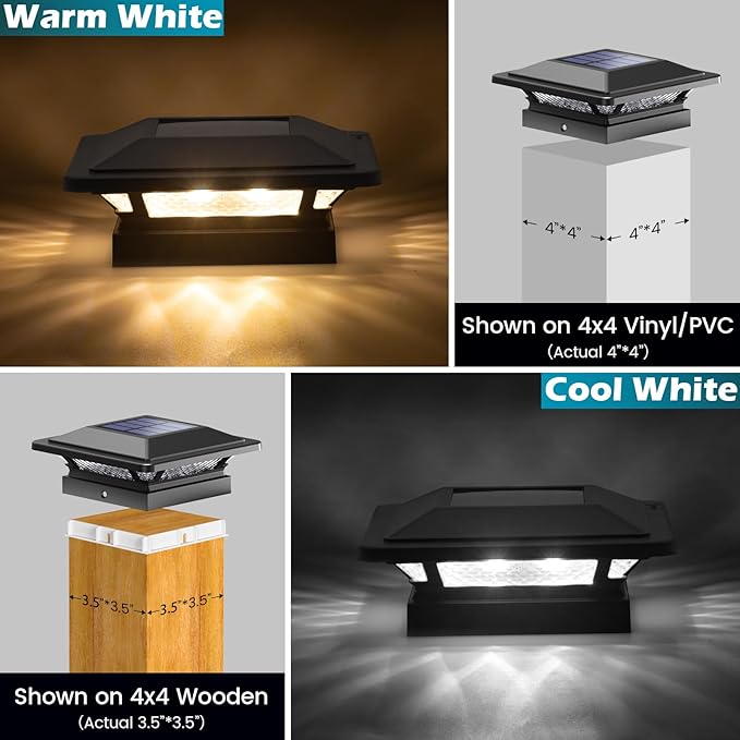 SIEDiNLAR 4x4 Solar Post Cap Lights 16 LEDs 2 Modes 3.5x3.5 4x4 Wooden Vinyl Post Light Waterproof Outdoor for Deck Fence Patio Garden Decor, Warm/Cool White (6 Pack, Black)