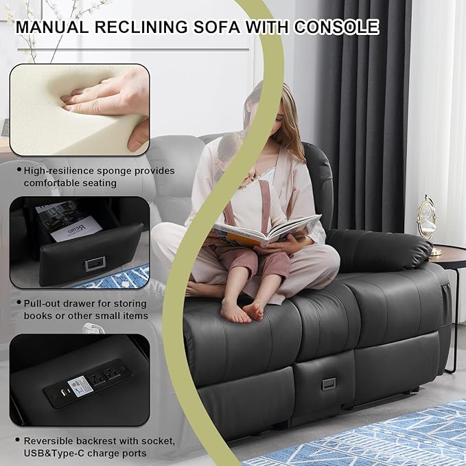 72.8" Manual Reclining Loveseat Sofa - Wall Hugger Double Loveseat Recliner with Console, Fold-Down Table and Built-in Outlets, Manual Recliner Chair for Living Room RVs Home Theater (Black)