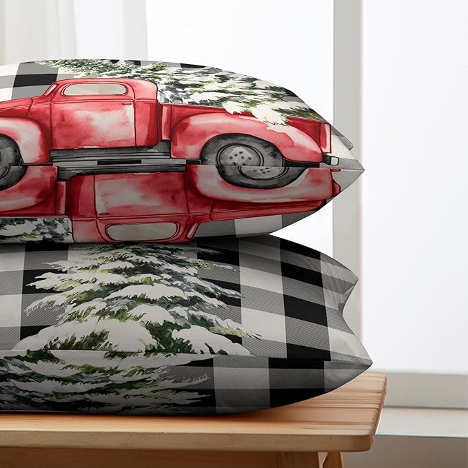 Christmas Lumbar Pillow Covers 12x20 Set of 2 Black and White Buffalo Plaid Red Truck Christmas Tree Decorative Throw Pillow Covers Xmas Winter Holiday Pillow Case for Outdoor Couch Patio
