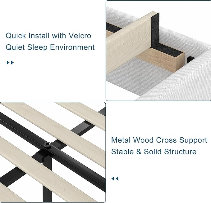 VECELO Full Size Upholstered Platform Bed Frame with Adjustable Headboard, Wood Slat Support and Noise-Free, No Box Spring Needed, Easy Assembly, Off White