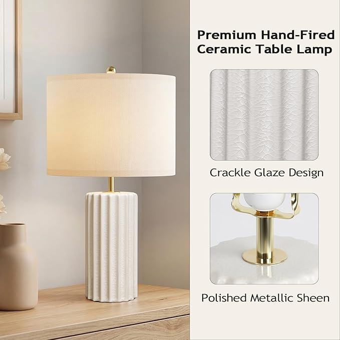 21" Modern Ceramic Table Lamp Set of 2 for Bedroom, Touch Control White Desk Lamps for Living Room, Farmhouse Bedside Lamps for Nightstand, End Table Lamps for Dorm Beige, Bulbs Not Included