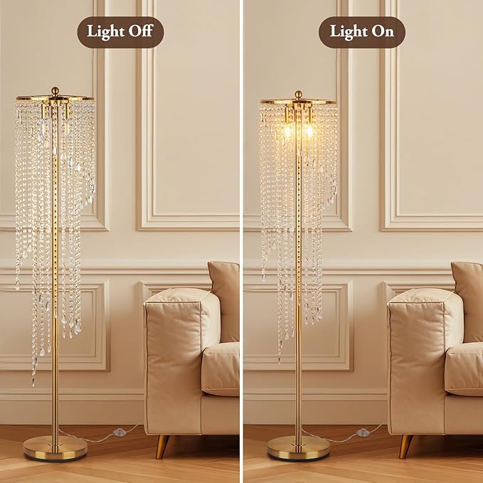 QiMH Gold Floor Lamps for Living Room, 63" Tall Lamp for Corner, Modern Floor Lamp with Double-Layer Crystal Lamp Shade, Standing Lamp for Bedroom, Office, Reading (2700K LED Bulbs Included)