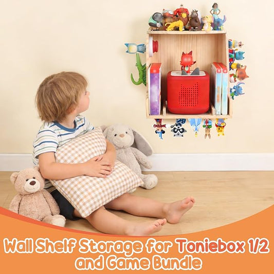 for Toniebox 1/2 Storage Shelf Display for 40–50 Tonies Figures Characters, Holds for Tonieplay Story Game Controller Accessories, Wooden Magnetic Organizer with Charging Access, Wall Mount+Desktop