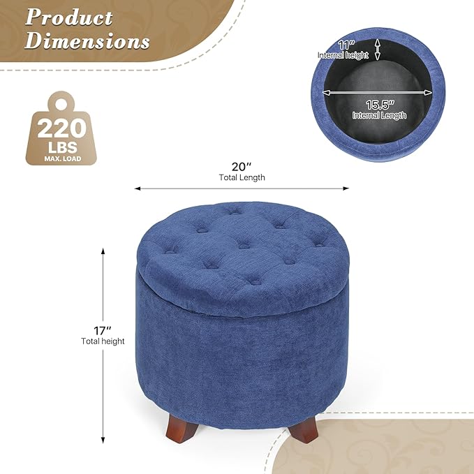 Athena Collection 20 Inch Small Ottoman with Storage, Round Linen Fabric Storage Ottoman with Removable Lid, Stylish Footstool Foot Rest for Living Room, Bedroom, Dorm, Blue