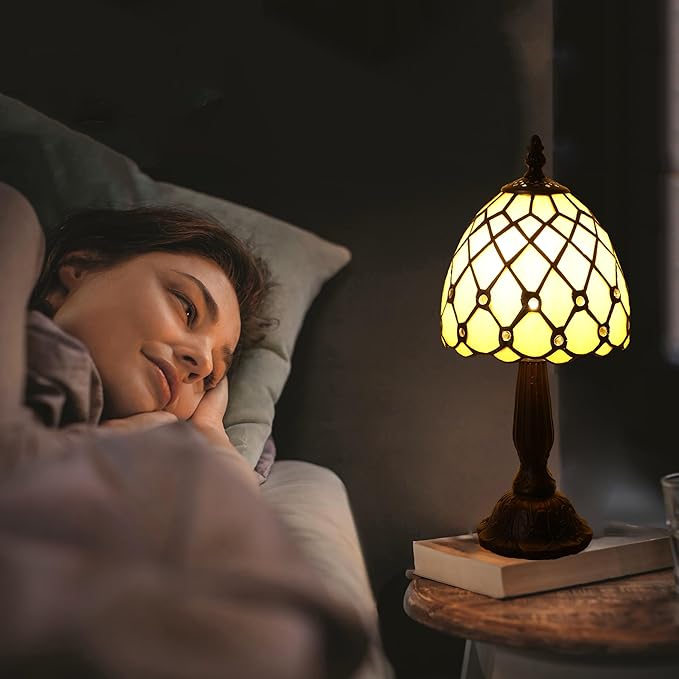 Small Tiffany Style Table Lamp,3 Color Temperature Beads Light Gold Stained Glass Table Lamps for Living Dining Room,Bedroom,Bedside Nightstand Night Light+LED E12 Bulb,6X6X13Inch
