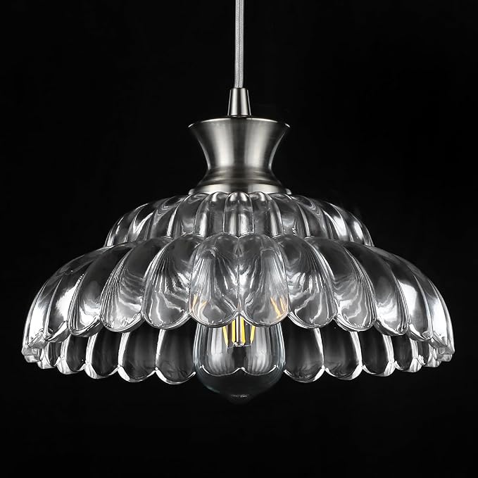Modern Glass Pendant Lights Kitchen Island, 11.8" Glass Light Fixtures Brushed Chrome Flower Vintage Lighting Glass Ceiling Chandelier for Dining Living Room Restaurant Bedroom Foyer Entryway