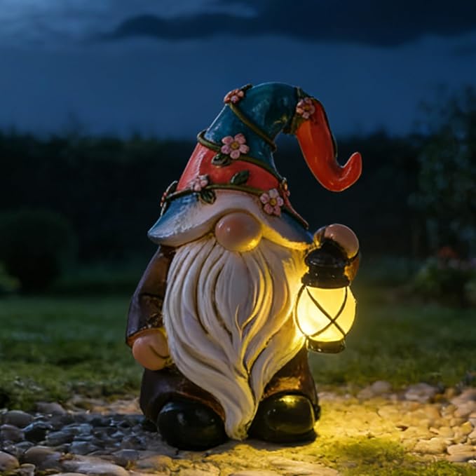 Garden Gnomes Statues with Solar LED Light - Mini 4.9 inch Gnome Sculptures for Porch Balcony Patio Yard Lawn Balcony Home Decor Mother's Day Birthday Gifts for Women