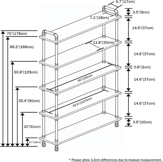 Industrial Bookshelf, 5-Tier Pipe Shelf, Wall Mounted Bookcase for Home and Office (Rustic Brown, 48" L x 11.8" W x 70" H)
