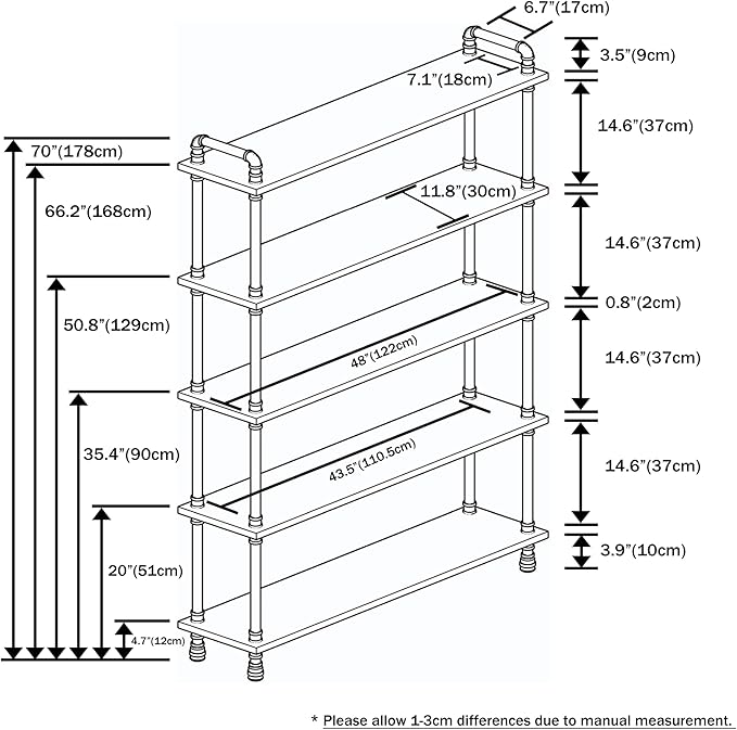 Industrial Bookshelf, 5-Tier Pipe Shelf, Wall Mounted Bookcase for Home and Office (Walnut Brown, 48" L x 11.8" W x 70" H)