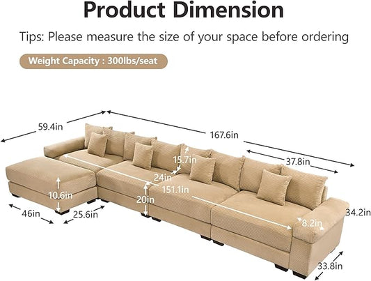 KEIKI 168" Oversized Corduroy Modular Cloud Sectional Sofa with High-Density Foam Cushions, Extra-Thick Armrest, Upholstered Modern 4-Seater Fluffy Corner Couch with 12 Pillow, for Living Room, Camel