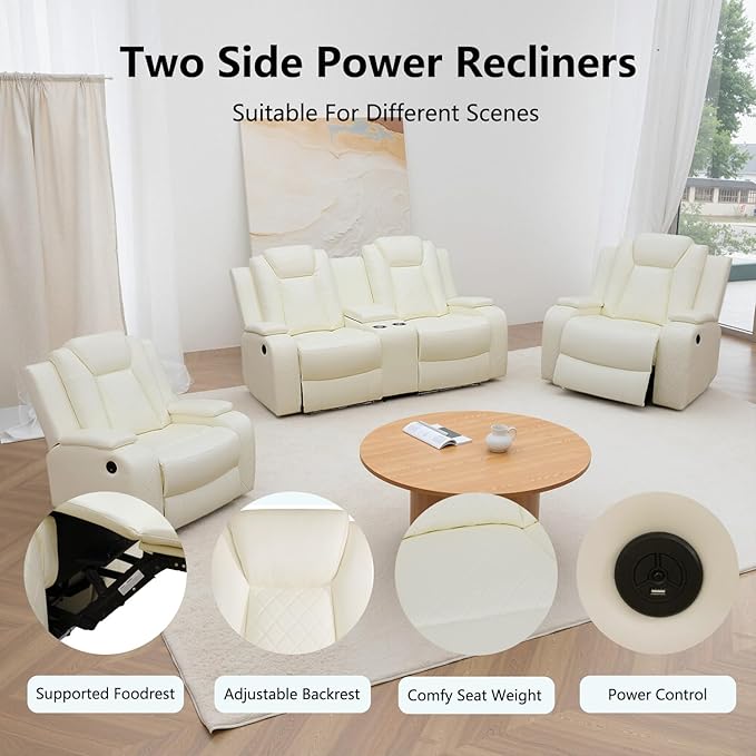 Power Recliner Sofa Set, Air Leather Reclining Couch with LED, Reclining Living Room Sofa and Loveseat Chair for House/Apartment/Office (Creamy White, LOVESEAT+Chair)