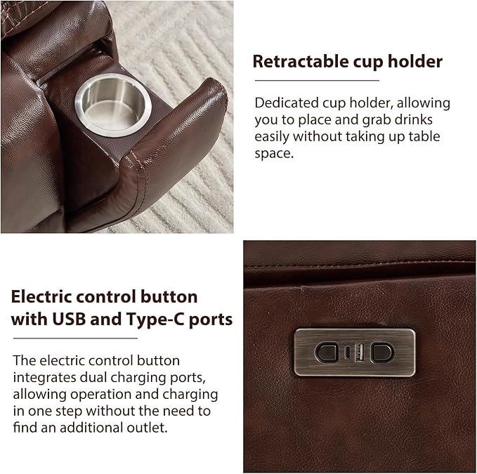 CANMOV Genuine Leather Power Recliner Sofa Set,Two Power Recliner Chair and Sofa Set, 3 Pieces Leather Couch with Hidden Cup Holders, USB Ports, for Living Room, Dark Brown