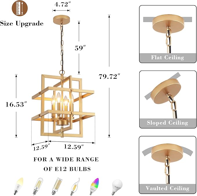 Gold Farmhouse Chandelier Modern Industrial Pendant Light Fixtures Brass Geometric Chandeliers for Dining Room Kitchen Island Entryway Foyer Bedroom Height Adjustable 4-Lights