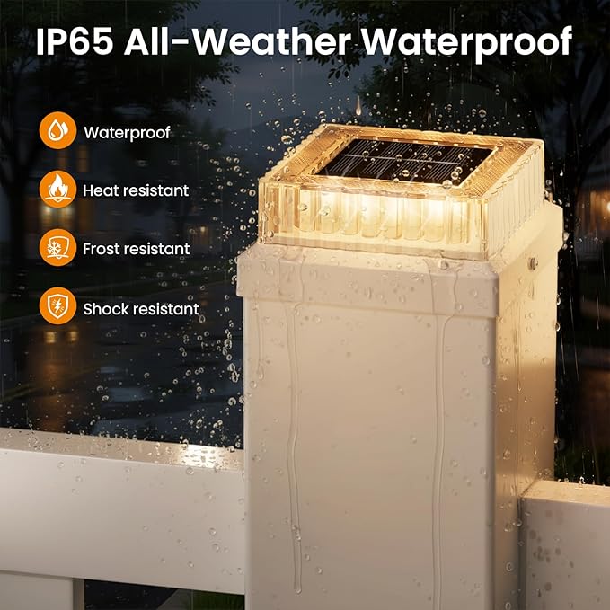 APONUO Solar Post Cap Lights, 12-Pack Fence Post Solar Lights with 20 Lumens 3-Sided Panoramic Glow, IP65 Waterproof Fence, Deck, Patio, Garden Decor, Easy No-Tool Install for 4x4 5x5 Posts, White