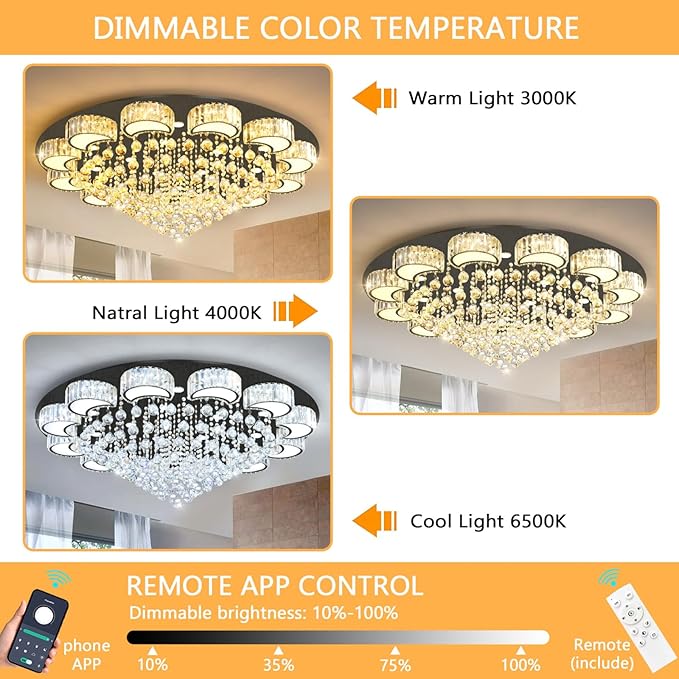47'' Black Modern Crystal Chandeliers for Dining Room LED Dimmable Light Fixtures Flush Mount Light Living Room Bedrooms