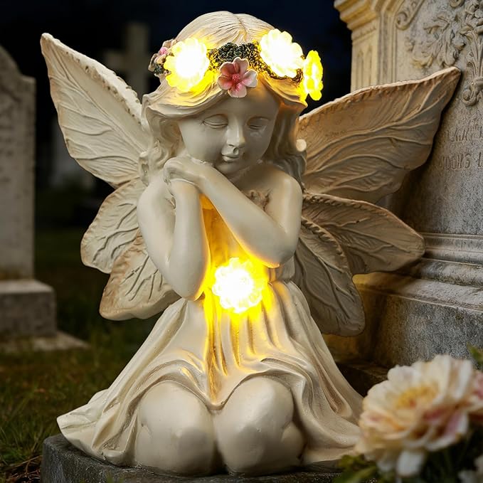 Solar Angel Garden Statue Outdoor Decor, Angel Figurines with LED Light Yard Decorations for Patio, Balcony, Lawn Ornaments, Unique House Warming Birthday Gifts for Women, Mom, Grandma