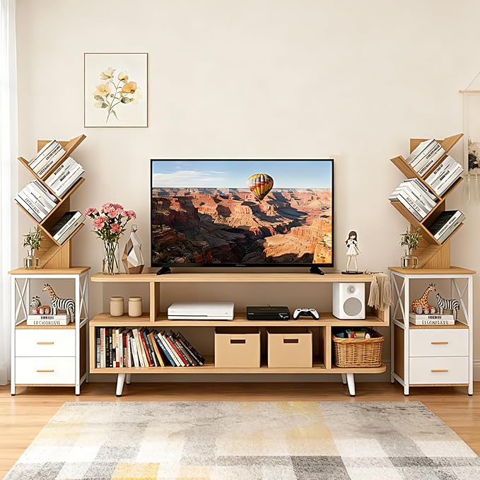 Lightdot 63" Tree Bookshelf TV Stand, Tall Narrow Side Cabinet Beside with Drawers, Modern Wooden Media Console Storage Tower, Slim Corner Display Rack for Living Room, Sofa & Entryway, Rustic Walnut