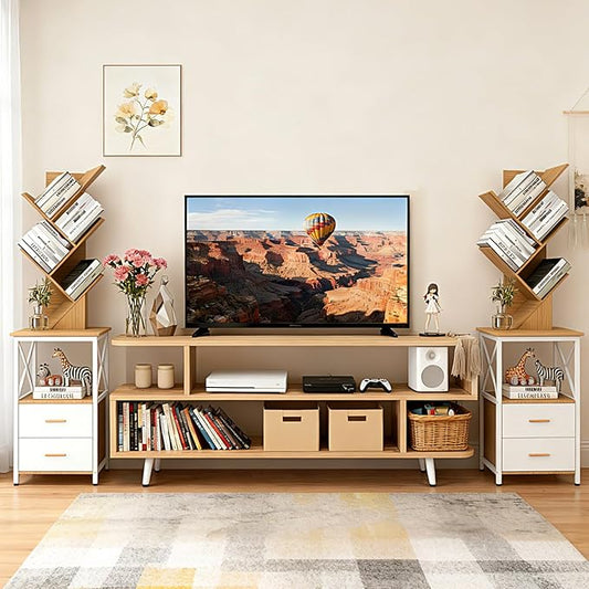 Lightdot 63" Tree Bookshelf TV Stand, Tall Narrow Side Cabinet Beside with Drawers, Modern Wooden Media Console Storage Tower, Slim Corner Display Rack for Living Room, Sofa & Entryway, Rustic Walnut