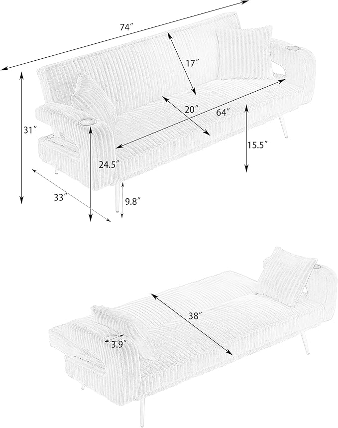 Luxury Plush Corduroy Upholstered Futon Sofabed Living Room Loveseat Sofa Convertible Sleeper Couch Bed with Style Armrests,Cupholders and Pillows, Love Seat Sofa&Couch for Home/Studio/Apartment