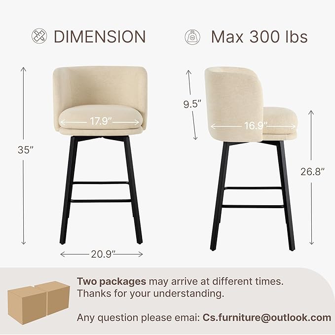 26" H Counter Height Swivel Bar Stools Set of 4, Barrel Counter Stools with Backrest, Linen Fabric Upholstered Barstools with Metal Legs for Kitchen Island,Sand